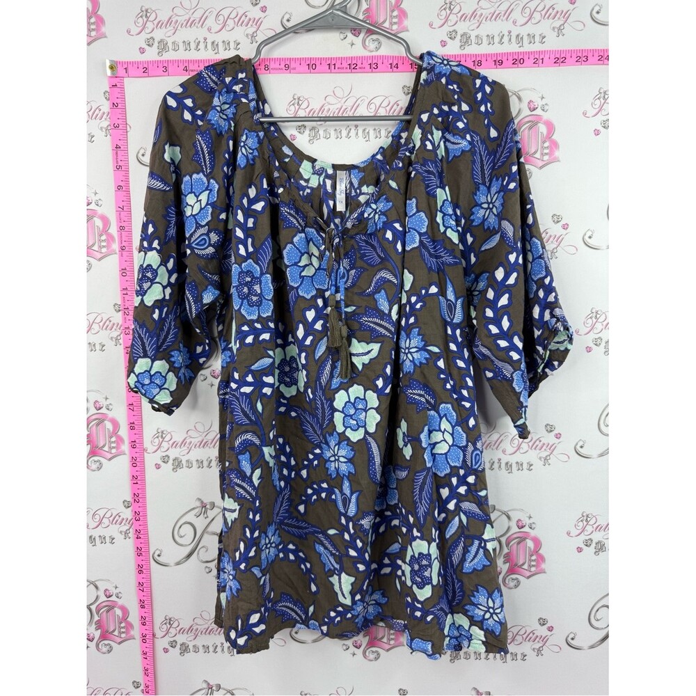 Blue Sky blouse flowers grey Brown Tunic with Blue Floral Print
